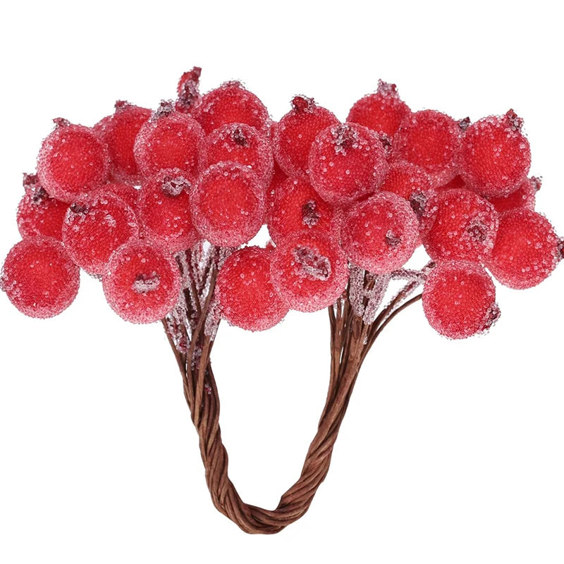 100/20 stk kunstig Holly Berries Mini Simulation Cherry Stamen Frosted Double Head Fake Berry Wedding Christmas Party Decor