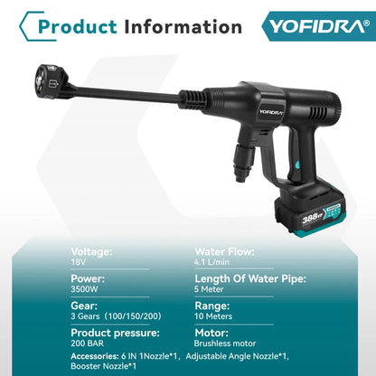 Yofidra 200Bar فرش ارتفاع ضغط آلة غسل سيارات بندقية 6 في 1 حديقة كهربائية غسل المياه بندقية رذاذ لبطارية ماكيتا 18 فولت