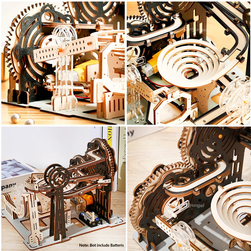 DIY Assemble 3D Wooden Puzzle Marble Run Set - Mechanical Model Building Kits for Adult Kids - STEAM Educational Toys and Gifts