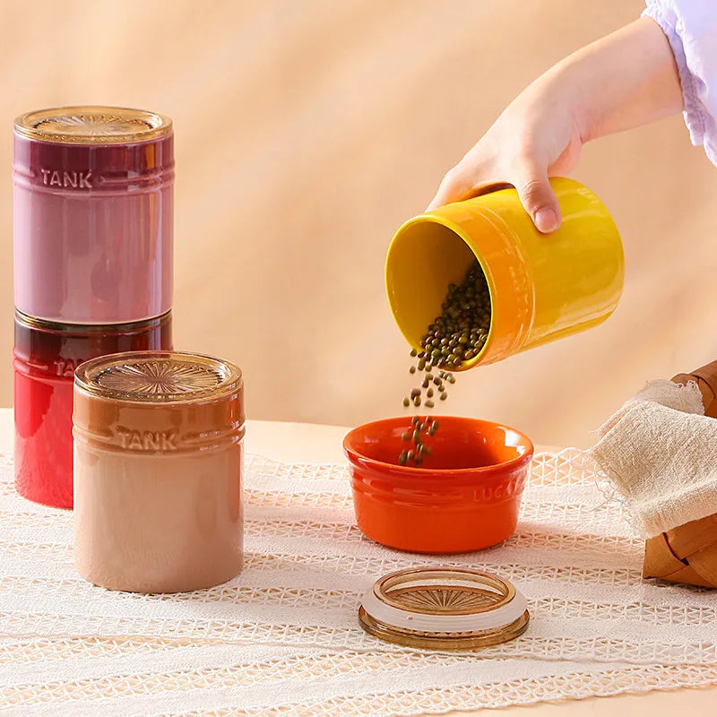 400ml Ceramic Storage Jar Kitchen Food Canisters Stackable Containers with Airtight Seal Plastic Lid for Coffee Tea Sugar Salt