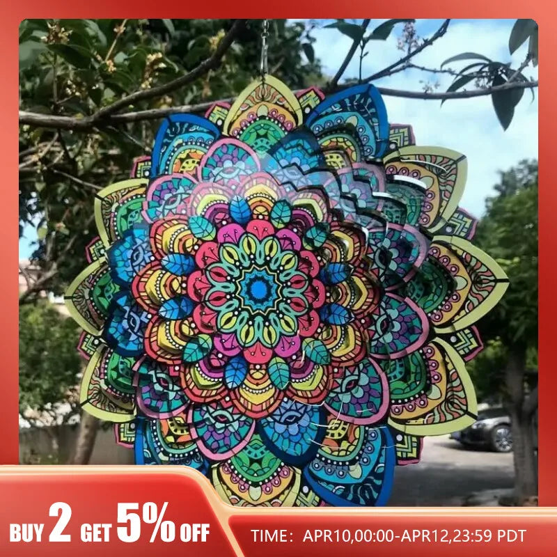 3D Mandala de giro de vento colorido de 12 polegadas de 12 polegadas Grilhão de vento giratório de 12 polegadas de 12 polegadas de metal de pavão