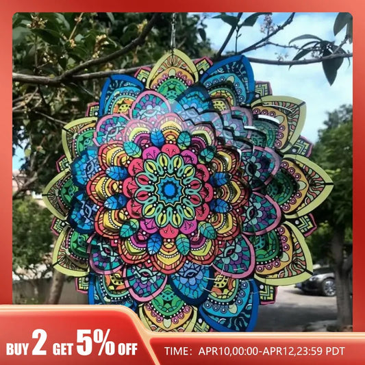 3D Mandala de giro de vento colorido de 12 polegadas de 12 polegadas Grilhão de vento giratório de 12 polegadas de 12 polegadas de metal de pavão