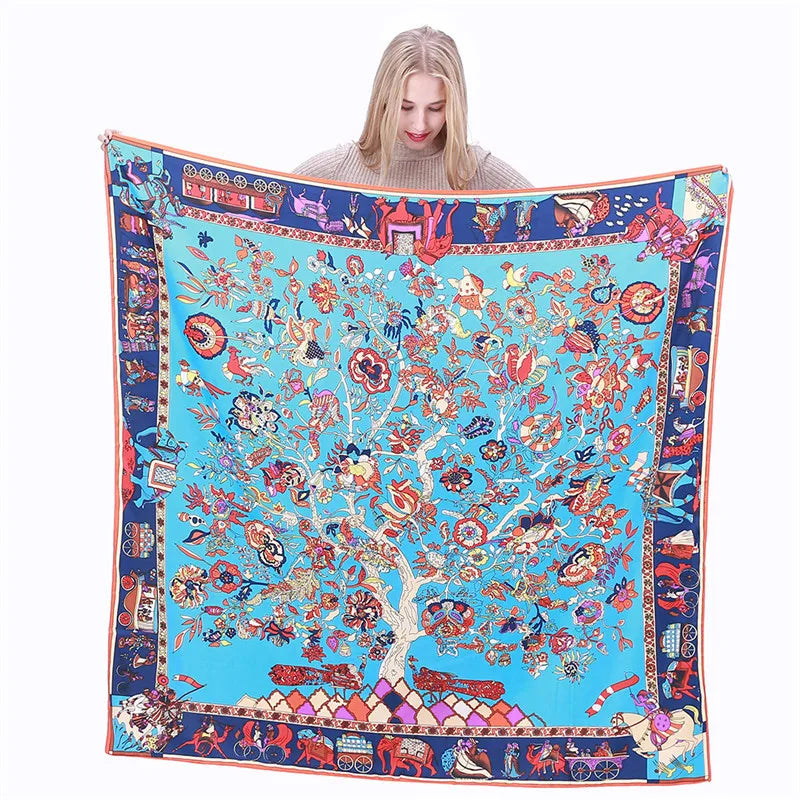 Lesida Pure Silk tørklæde Kvinder store sjaler Stoles Tree Print Square tørklæder Ekcharper Foulards femme Wrap Bandanas 130*130 cm 1303