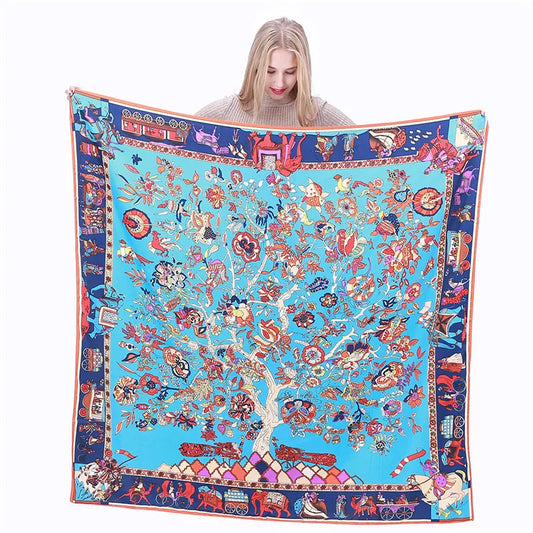 Lesida Pure Silk Scarf Women Large Shawls Stoles Tree Print Square Screfs Echarpes Foulards Femme Wrap Bandanas 130*130cm 1303