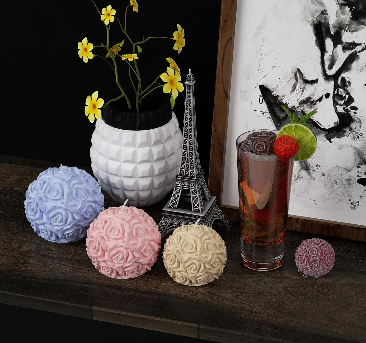 3d sfera formă de lumânări mucegaiuri cu flori trandafiri mucegai de silicon