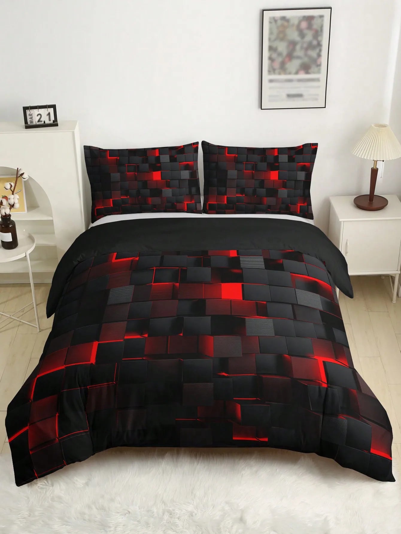 Set di coperture trapunte a griglia rossa in stile tecnologico tra cui 1 copertura del trapunta e 2 federe adatte per l'uso domestico e dormitorio