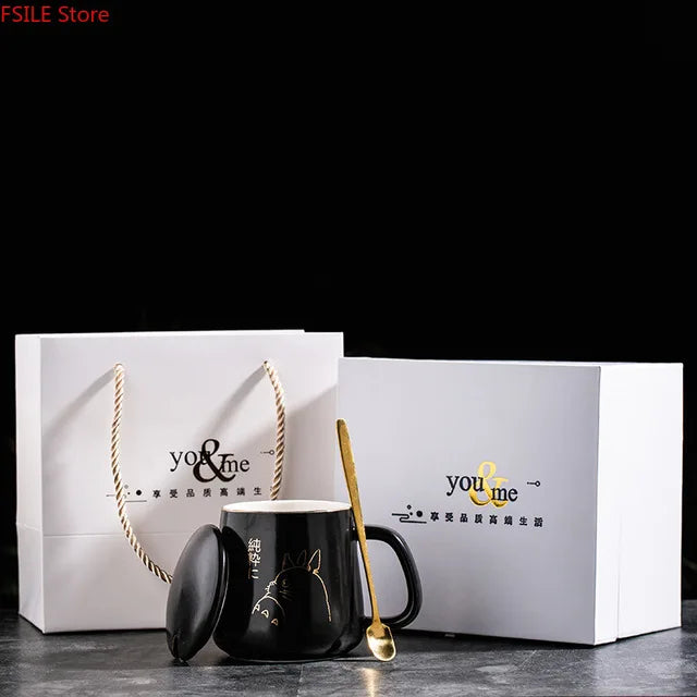 400ml New Product European Style Light Luxury Gold-painted Ceramic Coffee Mug with Lid Spoon Water Cup Cartoon Mug