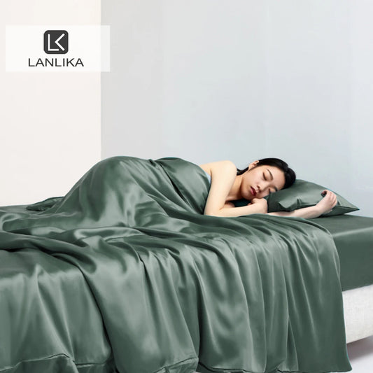 Lanlika Luxury Pure 100% hodvábna posteľná súprava letný zelený plochý plech vankúšiky s dvojlôžkom kráľovnej prikrývky na kal