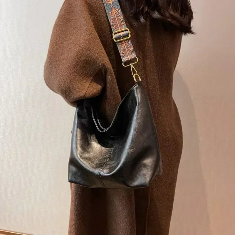 Kvinder mode skulder slynge taske vintage brun pu læder høj kapacitet enkel bred rem spand crossbody kvindelige pendlerposer