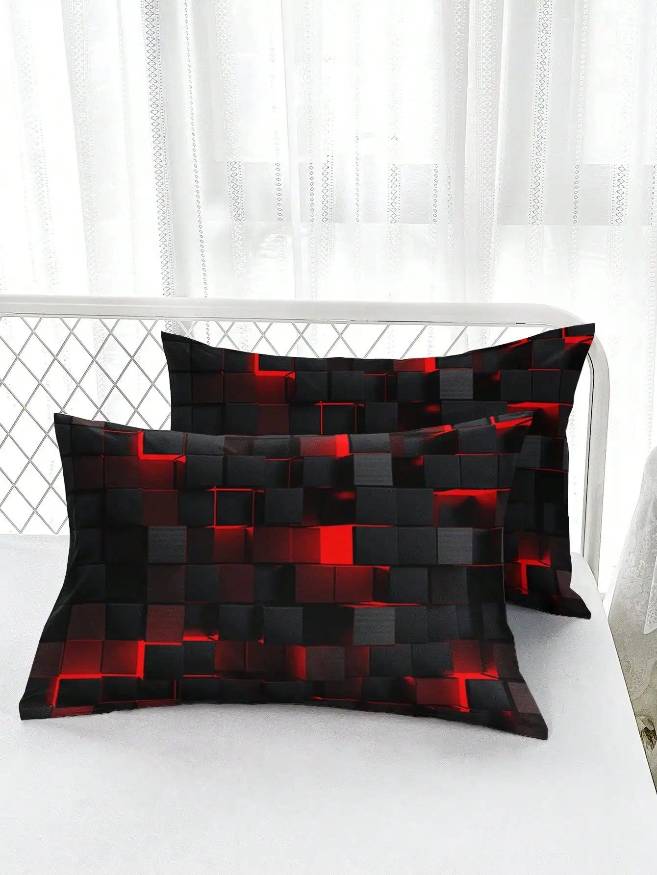 Set di coperture trapunte a griglia rossa in stile tecnologico tra cui 1 copertura del trapunta e 2 federe adatte per l'uso domestico e dormitorio
