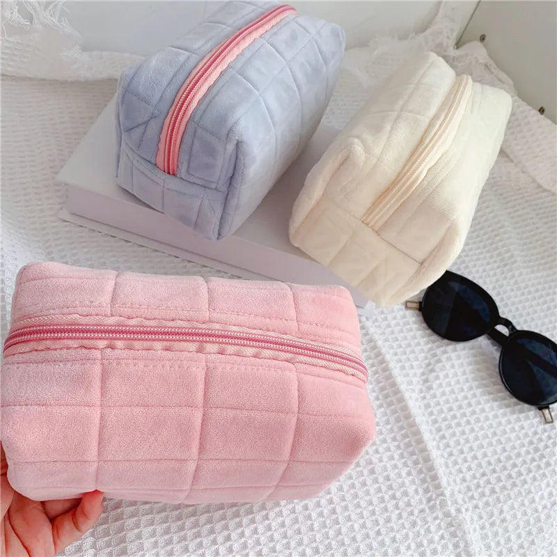 Geantă de machiaj drăguț pentru femei cu fermoar cu fermoar mare de culoare solidă cosmetică călător