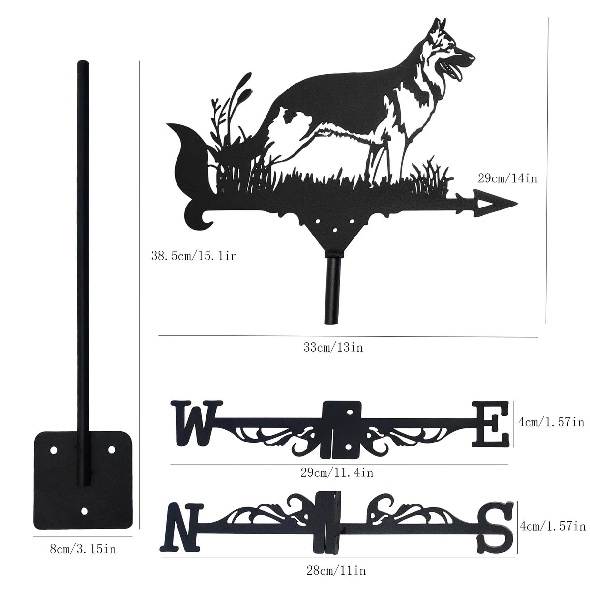 Nytt metalldyr tysk hyrdevær Vane Standing Decor Roof Weathervane Garden Yard Dekorasjon for skur hjem Gence Post