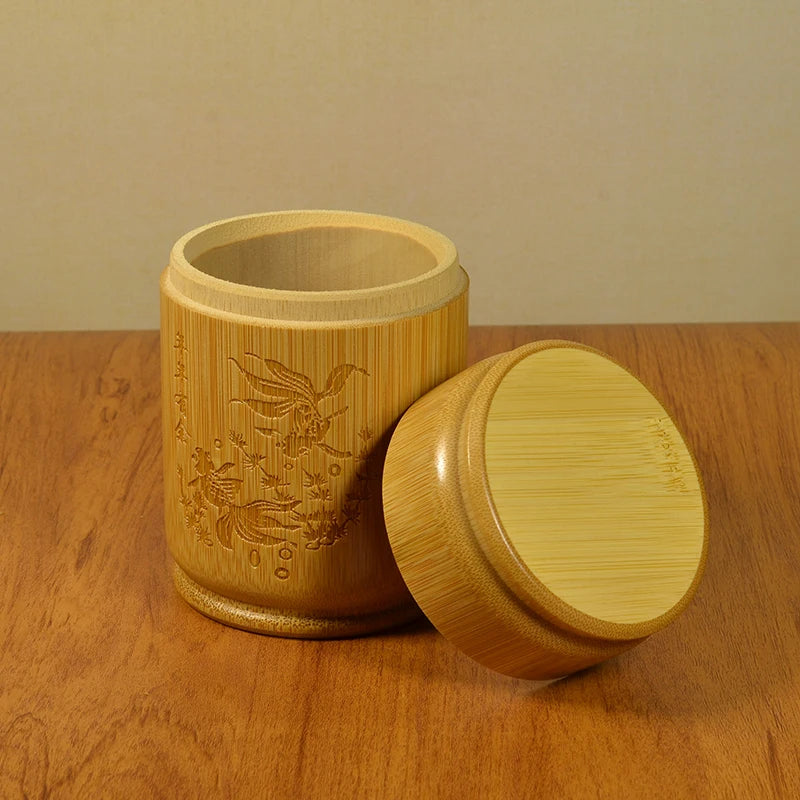 Handmade Bamboo Tea Storage Box Chinese Carved Tea Canister Lid Seal Kitchen Storage Jars Accessories Spice Box Organizer