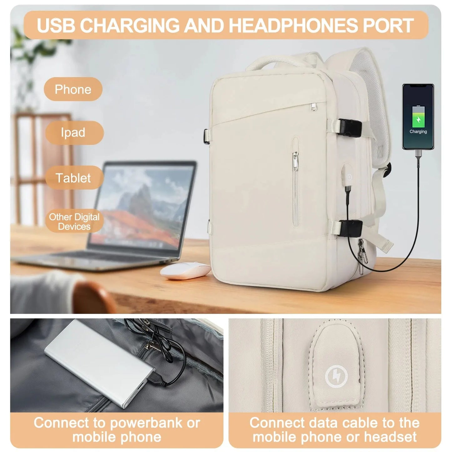 Rucsac de călătorie Likros pentru femei extensibile săptămânale de drumeție rucsac laptop cu port USB Port mare impermeabil 40L rucsac pentru bărbați pentru bărbați