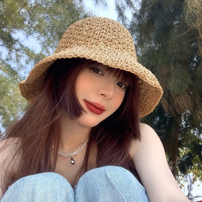 Katja e kashtës së grave Versioni Korean i markës Tide Gjithçka Japoneze Verë e Thin Style Sun Sun Hat Dantella How Hollow Out Hat