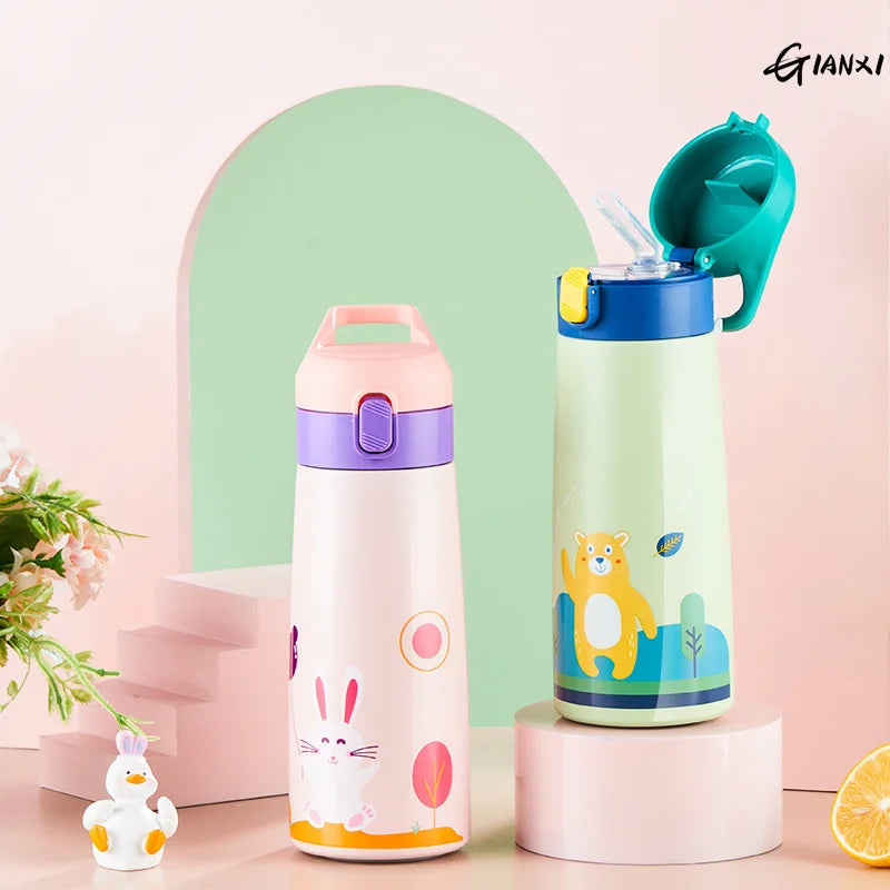 GIANXI Kids Stainless Steel Straw Thermos Mug With Case Cartoon Leak-Proof Vacuum Flask Children Thermal Water Bottle Thermocup