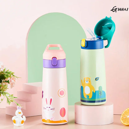 GIANXI Kids Stainless Steel Straw Thermos Mug With Case Cartoon Leak-Proof Vacuum Flask Children Thermal Water Bottle Thermocup
