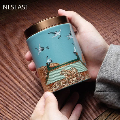 Classic Ceramic Tea Caddy Travel Portable Round Shape Tea Can Spice Tea Boxes Candy Storage Tank Coffee Cani Moisture-proof Jar