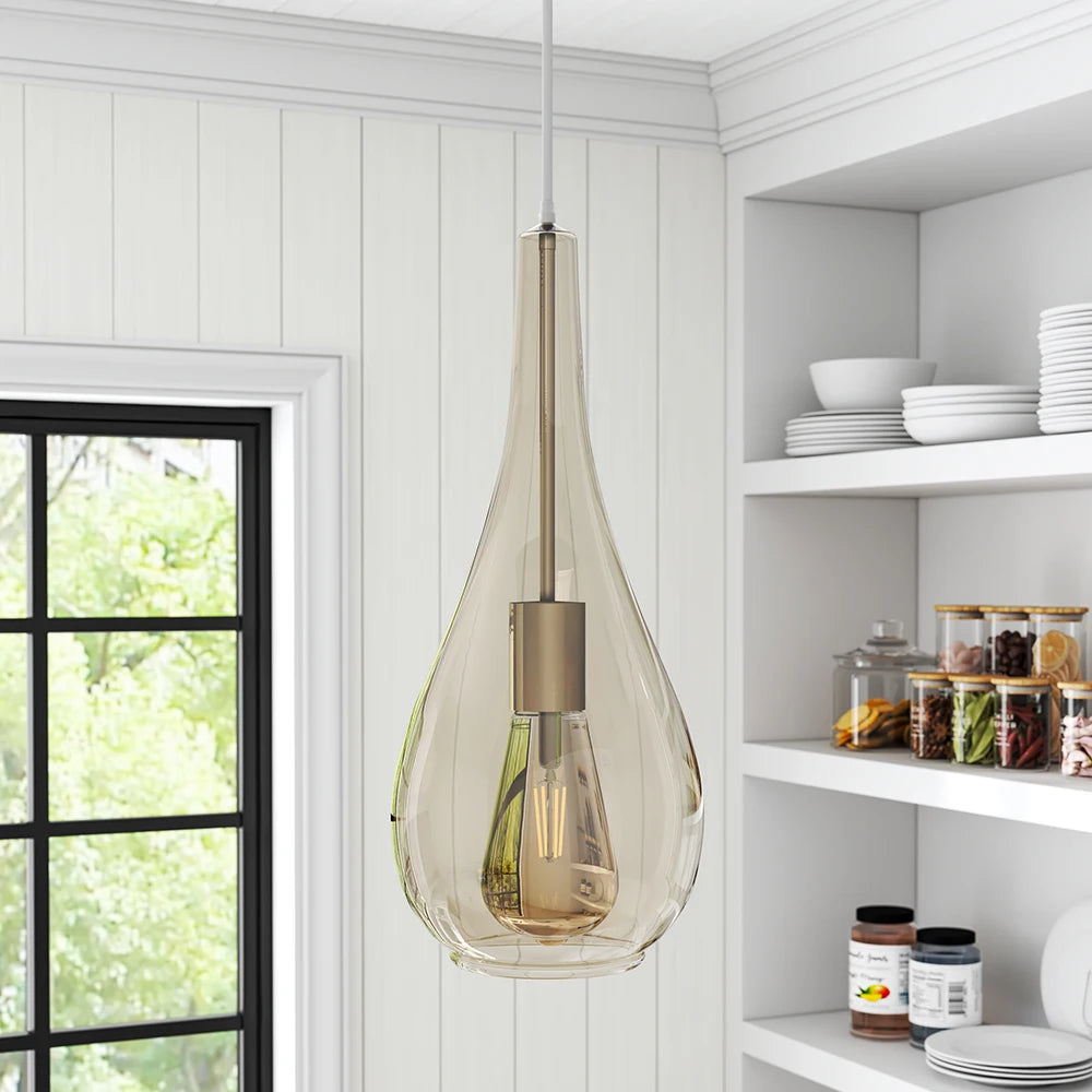 KOMORE Droplet Glass 1 Head Pendant Light Fixture Ceiling Lighting for Kitchen Dinning Table Hallway Entryway