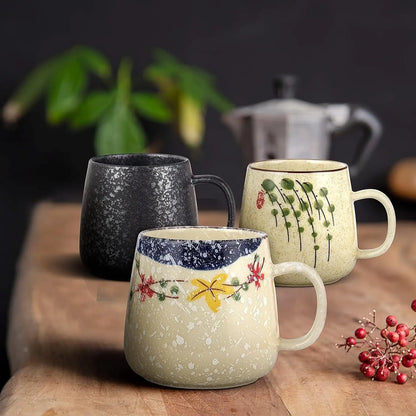 380ml Japanese Retro Style Coffee Mug With Handle Ceramic Breakfast Oats Milk Cups Home Teacup Water Mug With Lid And Spoon Gift