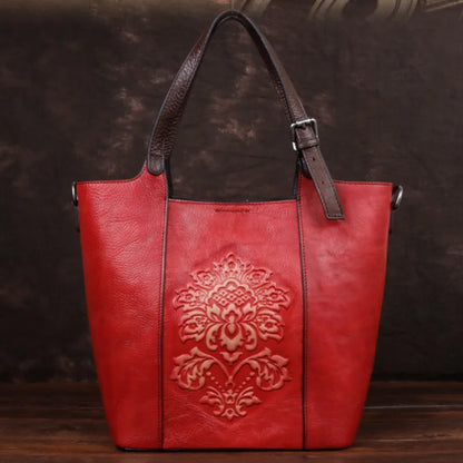 2024 Nové vintage styl luxusní kabelky Ženy Velká kapacita Bucket Bag Trial Cowhide Ručně vyrábějící dámské tašky na rameno