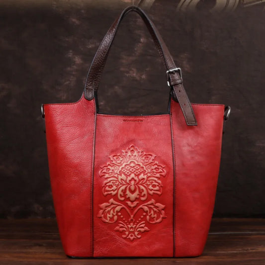 2024 Nový vintage v štýle Luxusné kabelky Ženy Veľká kapacita Bucket Buck Originálny cowhide ručne vyrábaný reliéf dámske ramenné vrecká