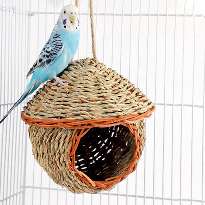 Græs håndvævet fuglehus, håndvævet græs ruge fuglehytte til kanarie, parakeet, cockatiel, lovebird hængende fuglehus