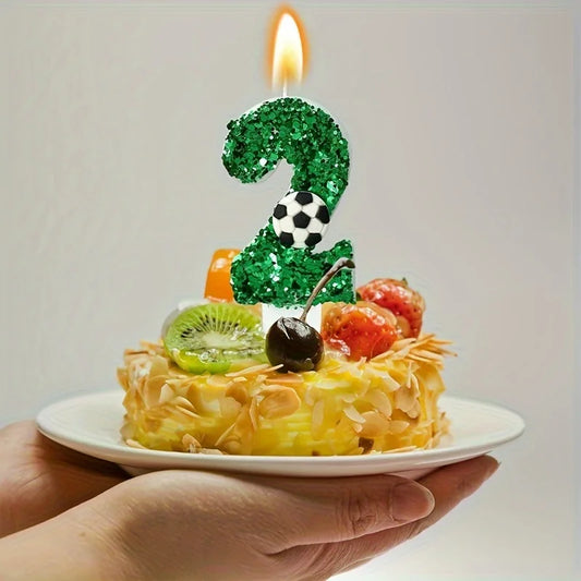 Torta di candele per il compleanno di calcio verde, decorazione di candine di candela digitale scintillante con paillettes, materiali per la celebrazione dell'anniversario