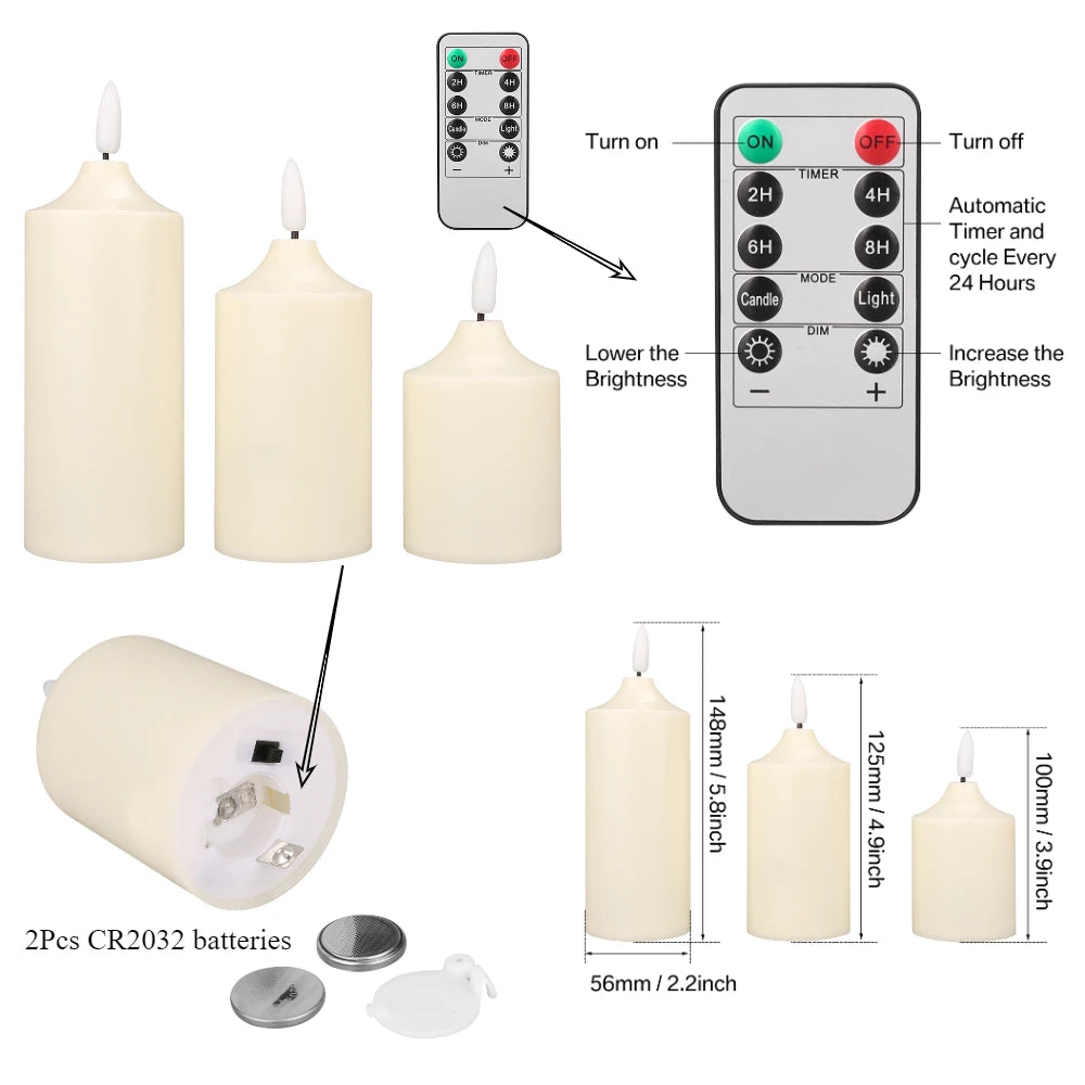3Pcs Flameless Candle Flickering with Remote Timer 3D Wick Battery Operated LED Candles for Wedding Halloween Christmas Decor