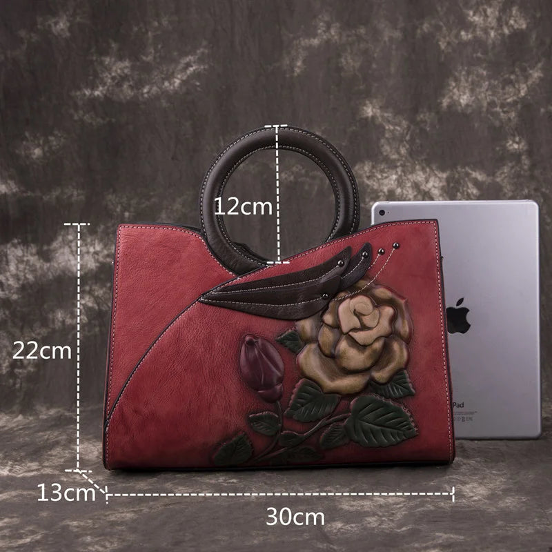 Dámská taška Motaora Nové luxusní ženy skutečná kožená kabelka Retro Floral Ručně vyráběná taška pro ženský módní posíla