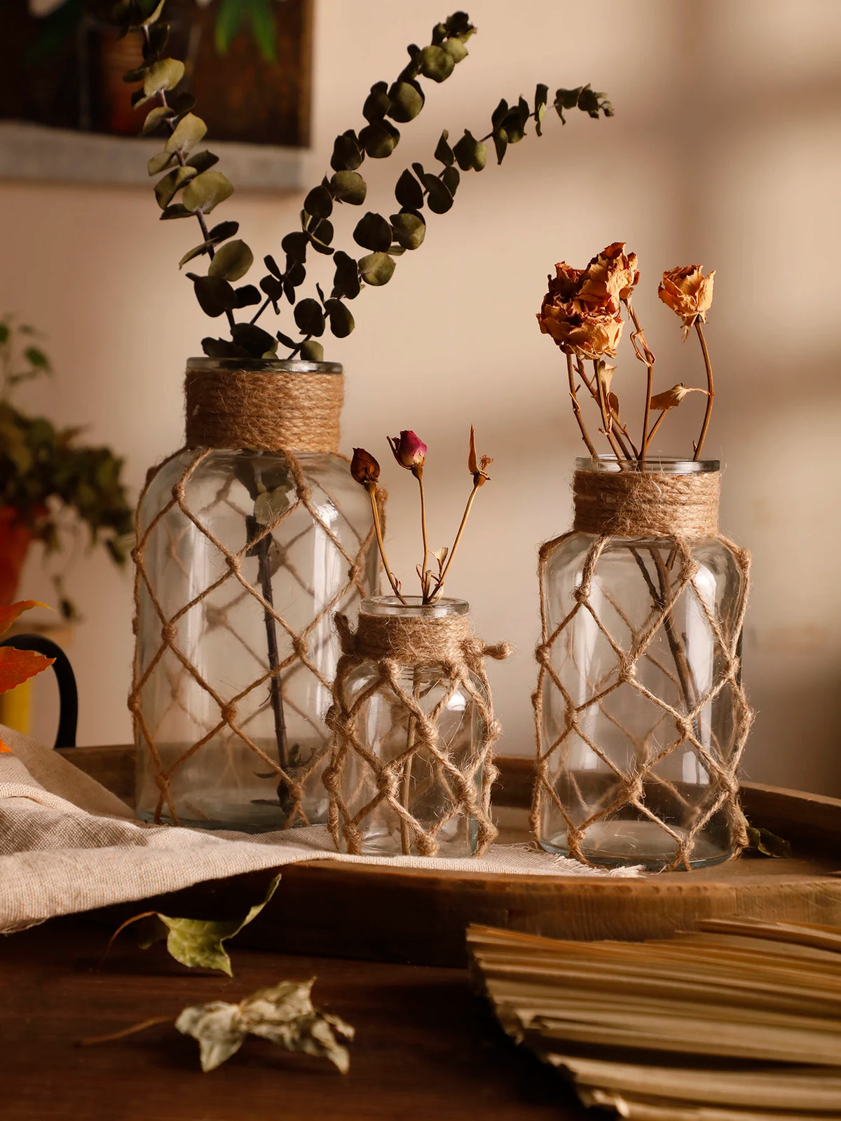 Hand Woven Hemp Rope Glass Vase Dry Flower Decor Art Glass Vase Nordic Living Room Table Decoration Bedroom Boho Home Decoration