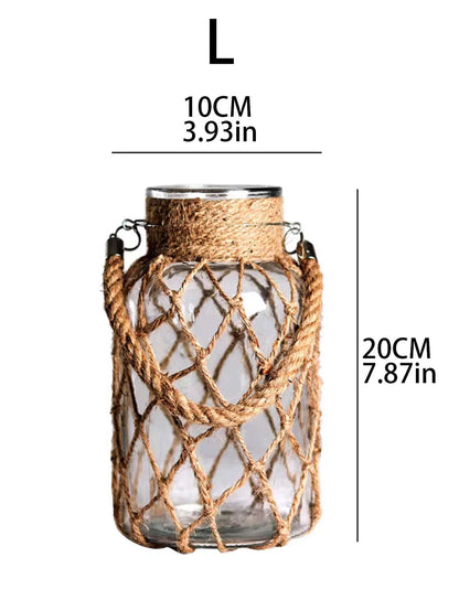 Hand Woven Hemp Rope Glass Vase Dry Flower Decor Art Glass Vase Nordic Living Room Table Decoration Bedroom Boho Home Decoration