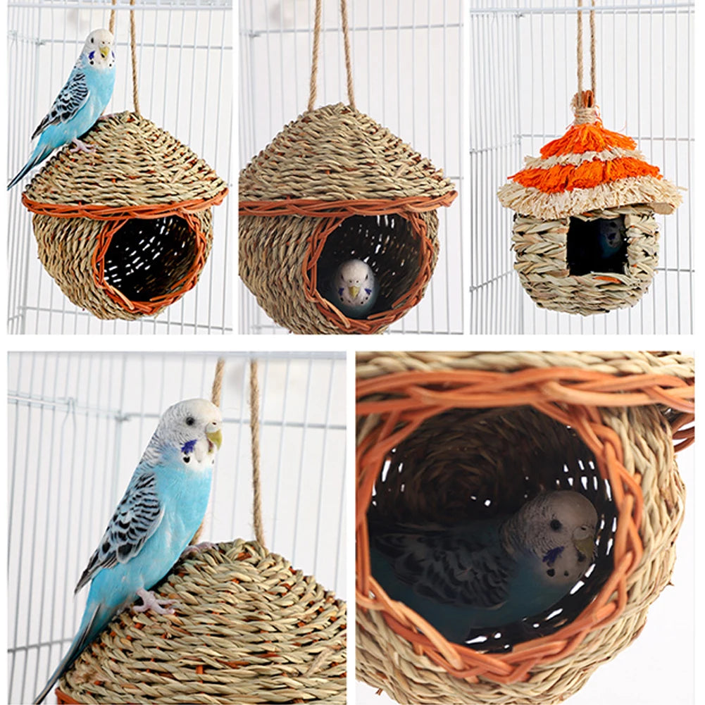 Græs håndvævet fuglehus, håndvævet græs ruge fuglehytte til kanarie, parakeet, cockatiel, lovebird hængende fuglehus