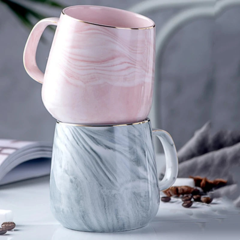 Ceramic Cup Nordic Gold Rim Coffee Oatmeal Breakfast Heat Insulation Cup Marble Pattern Solid Color Creative Personality Mug
