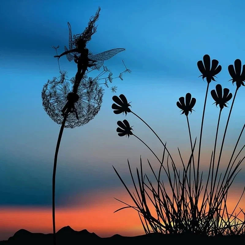 Pixies esculturas de jardín de hadas Estaca hadas y diente de león bailan juntos