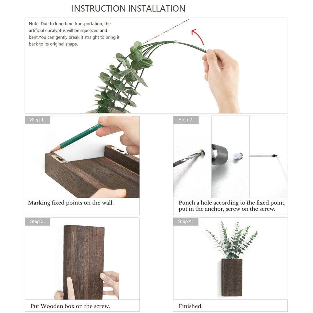 2 Pack Wood Wall Planter Vase with Artificial Eucalyptus Farmhouse Wall Hanging Planter for Dried Flowers in Living Room Bedroom
