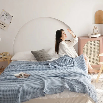 100% Baumwollweichbett Plaid Home Japenese Strickdecke Maiskorn Waffel geprägt Sommer Rüschen warmes kotes Wurfbettverschraub