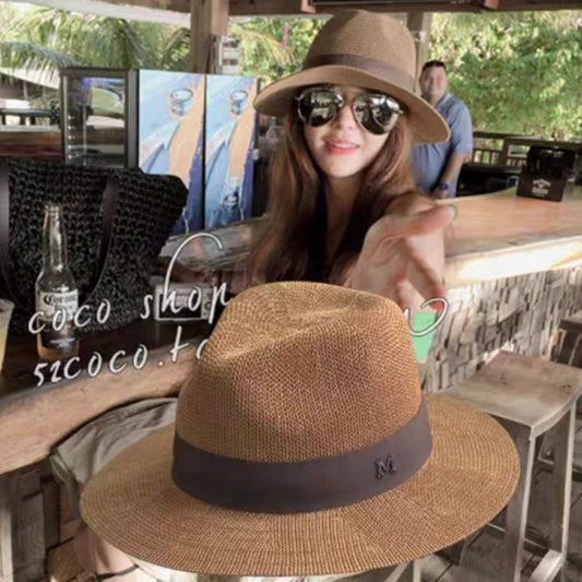 Uv New Ladies Men Men Fashion Letter M Straw Hat Hat Panama Spring Spring Casual Summer Beach Classic Straw Jazz Basin Hat cu ridicata