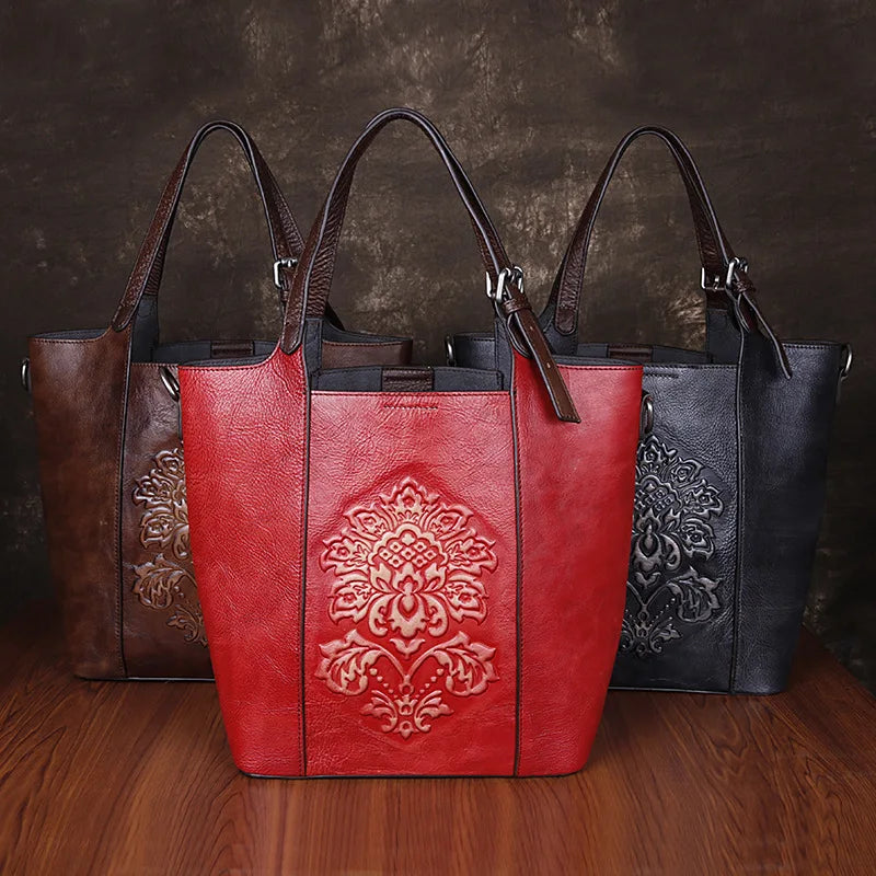 2024 Nové vintage styl luxusní kabelky Ženy Velká kapacita Bucket Bag Trial Cowhide Ručně vyrábějící dámské tašky na rameno