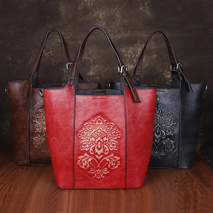 2024 Nové vintage styl luxusní kabelky Ženy Velká kapacita Bucket Bag Trial Cowhide Ručně vyrábějící dámské tašky na rameno