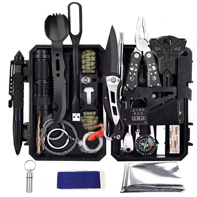 60 em 1 kit de sobrevivência multifuncional, equipamento de defesa militar de acampamento ao ar livre Primeiros socorros SOS para aventura no deserto