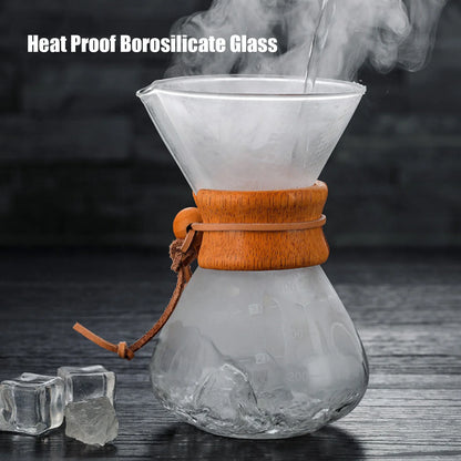 Pour Over Coffee Maker 14oz Paperless Glass Carafe with Stainless Steel Filter Manual Coffee Dripper Brewer with Wood Sleeve