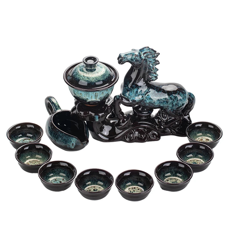 1 set of creative lazy tea set, semi-automatic horse teapot, magnetic rotating water guide tea set, Chinese Kung Fu tea set