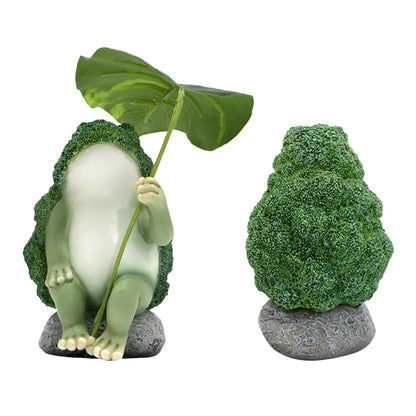 Grenouilles extérieures figurines jardin résine brocoli grenouille tenant la feuille de lotus assise sur l'ornement de sculpture roche