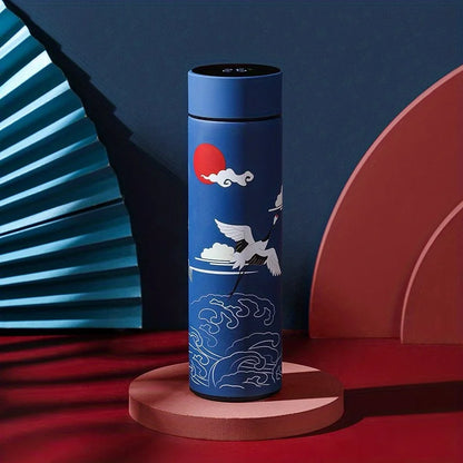 1pc Chinese Style Thermal Water Bottle, Retro Smart Temperature Display Insulated Cup, Stainless Steel Water Cup