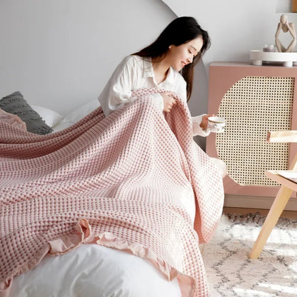100% Baumwollweichbett Plaid Home Japenese Strickdecke Maiskorn Waffel geprägt Sommer Rüschen warmes kotes Wurfbettverschraub