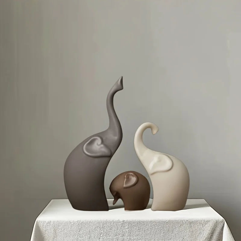 1set Nordic-Style Large Ceramic Elephant Family Figurine Set Matte Finish Animal Sculpture Entryway Decoration Unique Gift Idea