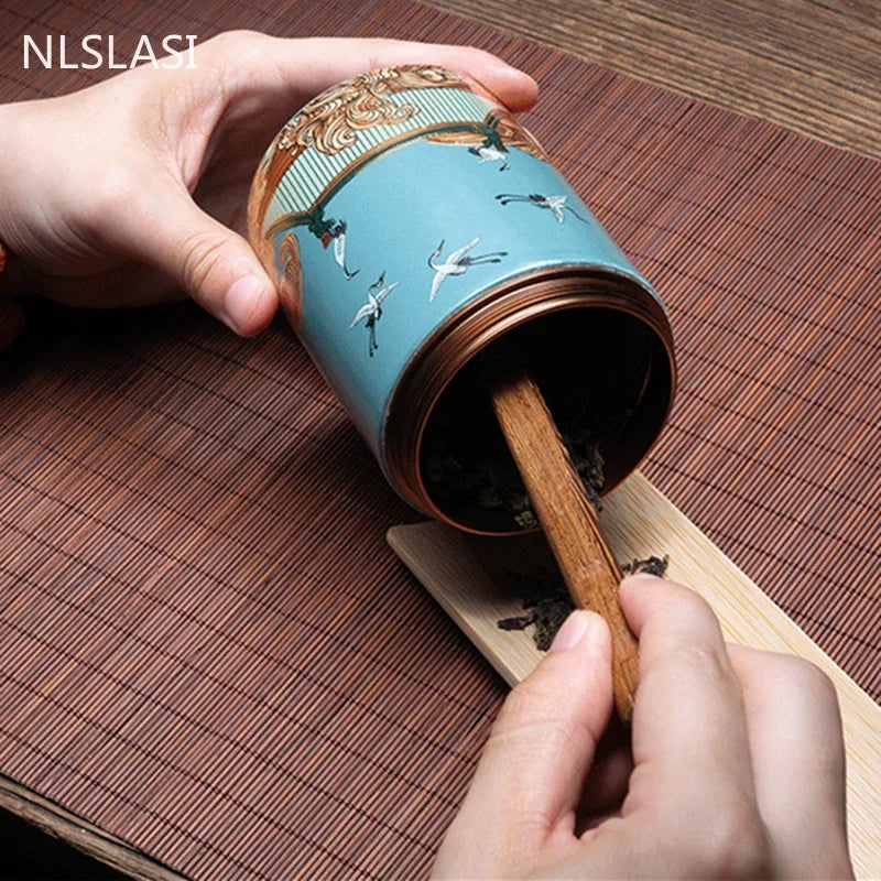 Classic Ceramic Tea Caddy Travel Portable Round Shape Tea Can Spice Tea Boxes Candy Storage Tank Coffee Cani Moisture-proof Jar