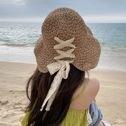 Katja e kashtës së grave Versioni Korean i markës Tide Gjithçka Japoneze Verë e Thin Style Sun Sun Hat Dantella How Hollow Out Hat