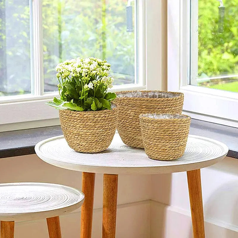 Käsintehty kudottu istutuskori pyykkivarasto koristeellinen kori olkihippu Rattan Seagrass puutarhakukkapotin säilytyskori